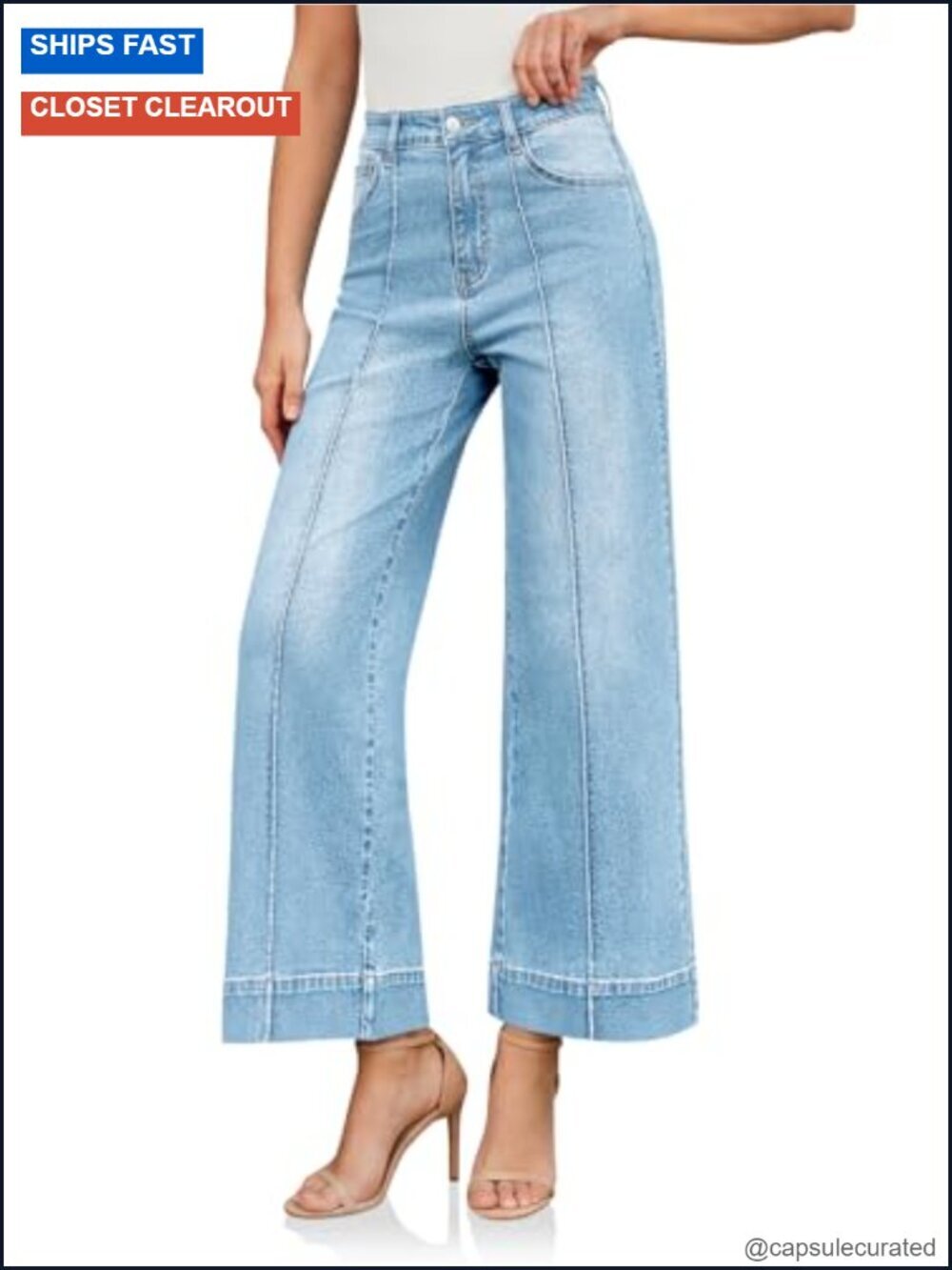 Baggy Wide Leg Jeans High Waisted Cropped Stretchy Denim 4 Pockets Zip-Button